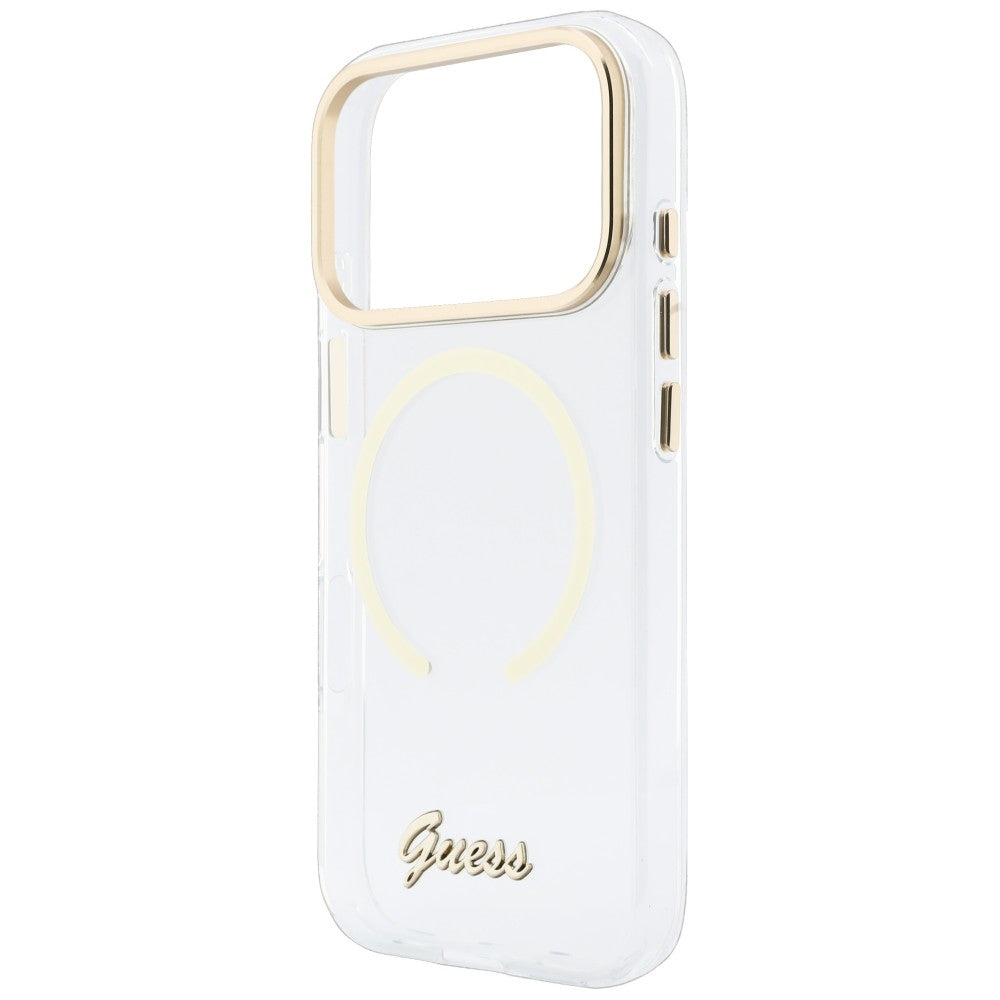 Coque MagSafe pour Apple iPhone 18 Pro / 17 Pro, Guess, IML Script Metal, transparente