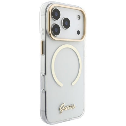 Coque MagSafe pour Apple iPhone 18 Pro / 17 Pro, Guess, IML Script Metal, transparente