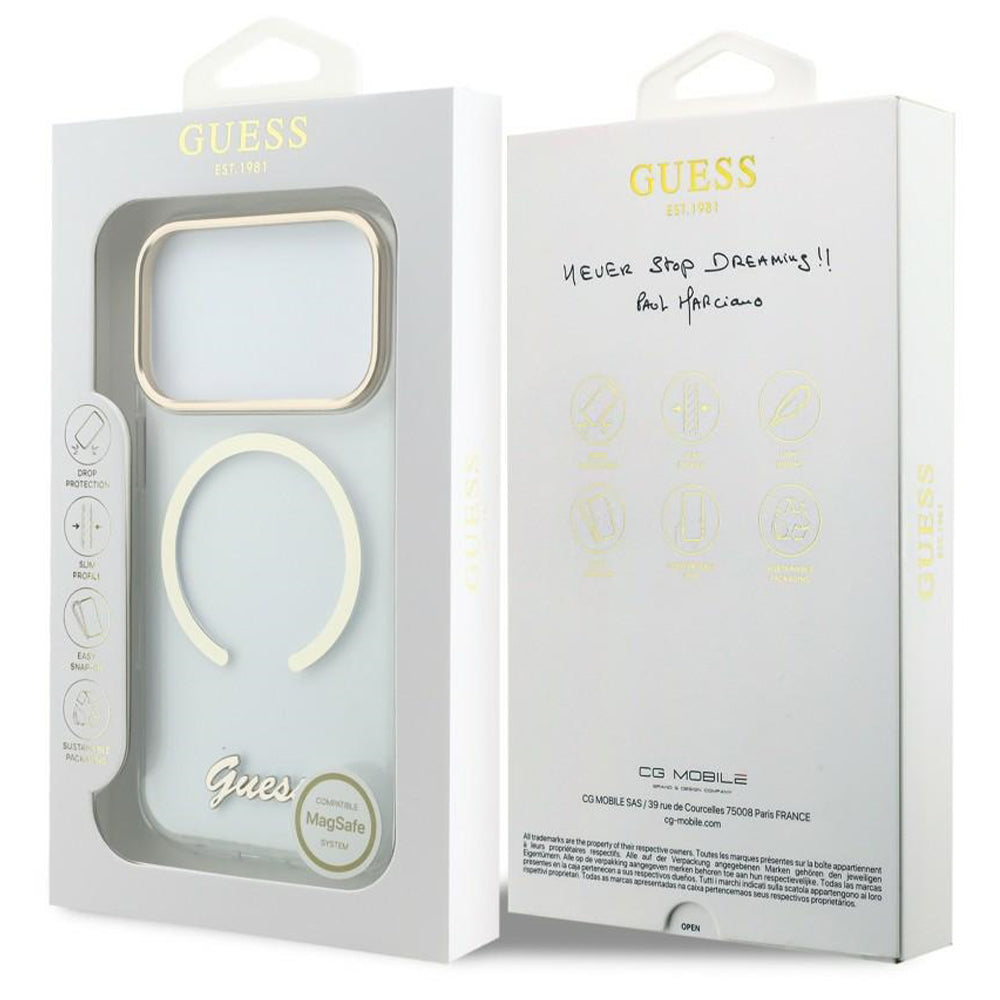 Coque MagSafe pour Apple iPhone 18 Pro / 17 Pro, Guess, IML Script Metal, transparente