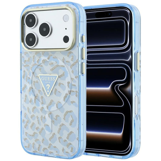 Coque MagSafe pour Apple iPhone 18 Pro / 17 Pro, Guess, Logo Triangle Paillettes Léopard, Bleu