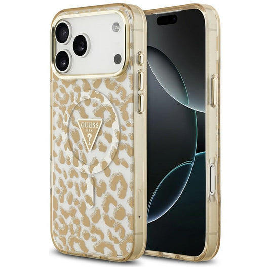 Coque MagSafe pour Apple iPhone 18 Pro / 17 Pro, Guess, Logo Triangle Paillettes Léopard, Marron