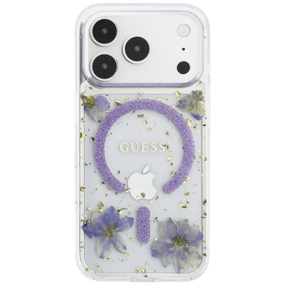 Coque MagSafe pour Apple iPhone 18 Pro / 17 Pro, Guess, Fleurs en Résine et Paillettes, Violet