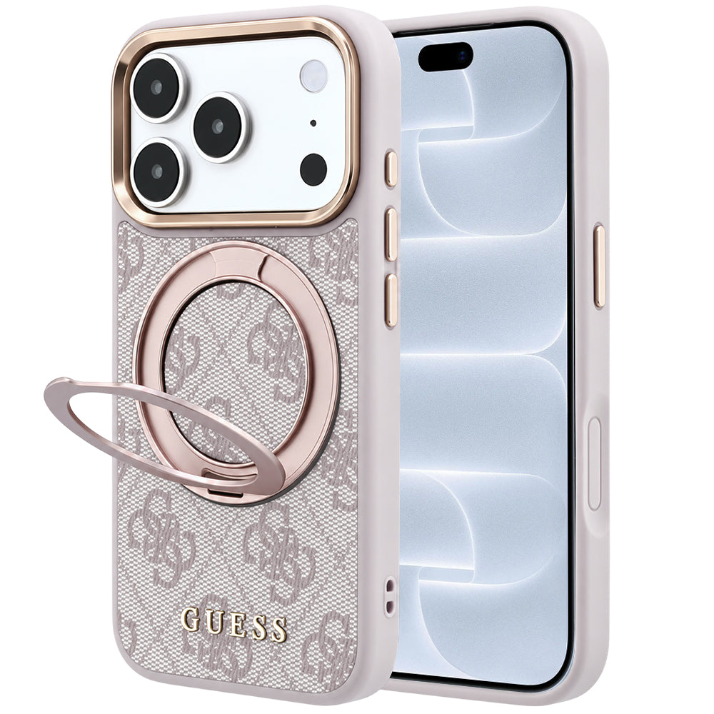 MagSafe-Hülle für Apple iPhone 18 Pro / 17 Pro, Guess, Ring Stand 360 4G Classic Logo, Rosa