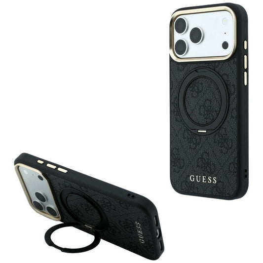 MagSafe-Hülle für Apple iPhone 18 Pro / 17 Pro, Guess, Ring Stand Classic Logo, Schwarz