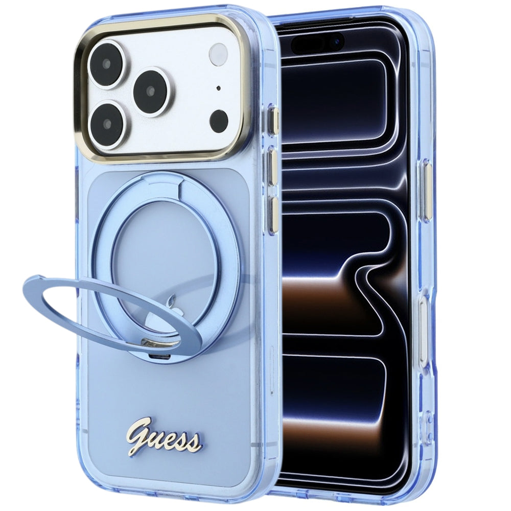 Coque MagSafe pour Apple iPhone 18 Pro / 17 Pro, Guess, Support Anneau Logo Métal Script, Bleu