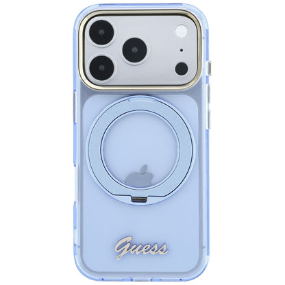 Coque MagSafe pour Apple iPhone 18 Pro / 17 Pro, Guess, Support Anneau Logo Métal Script, Bleu