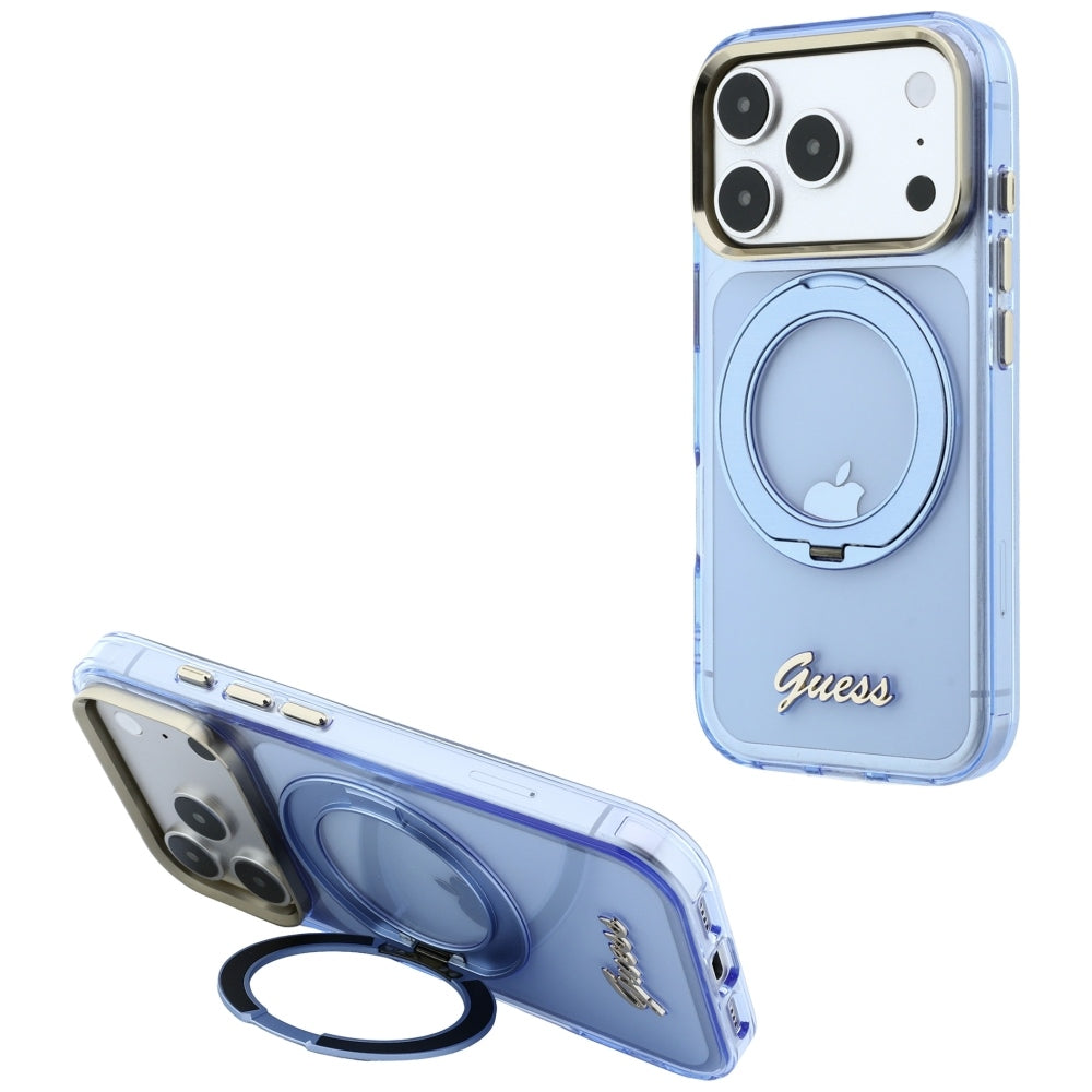 Coque MagSafe pour Apple iPhone 18 Pro / 17 Pro, Guess, Support Anneau Logo Métal Script, Bleu