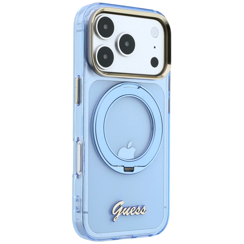 Coque MagSafe pour Apple iPhone 18 Pro / 17 Pro, Guess, Support Anneau Logo Métal Script, Bleu