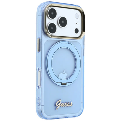 Coque MagSafe pour Apple iPhone 18 Pro / 17 Pro, Guess, Support Anneau Logo Métal Script, Bleu