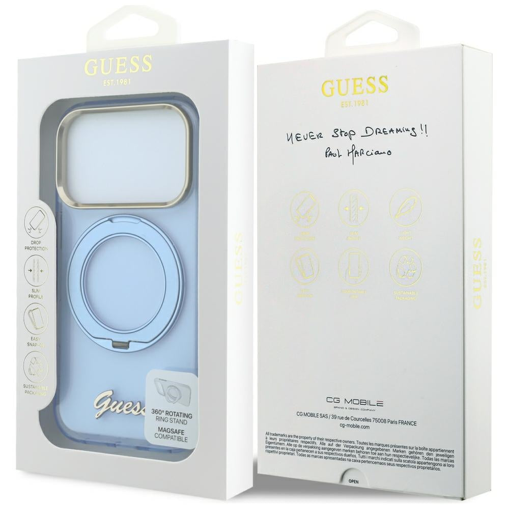 Coque MagSafe pour Apple iPhone 18 Pro / 17 Pro, Guess, Support Anneau Logo Métal Script, Bleu