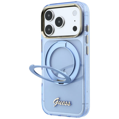 Coque MagSafe pour Apple iPhone 18 Pro / 17 Pro, Guess, Support Anneau Logo Métal Script, Bleu