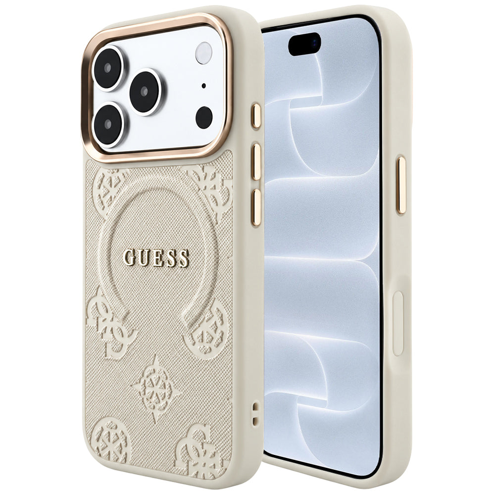 Coque MagSafe pour Apple iPhone 18 Pro / 17 Pro, Guess, Saffiano Peony Ring, beige