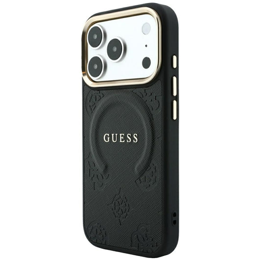 MagSafe-Hülle für Apple iPhone 18 Pro / 17 Pro, Guess, Saffiano Peony Ring, Schwarz