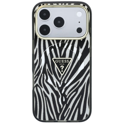 Coque MagSafe pour Apple iPhone 18 Pro / 17 Pro, Guess, Logo Triangle Paillettes Zèbre, Argentée