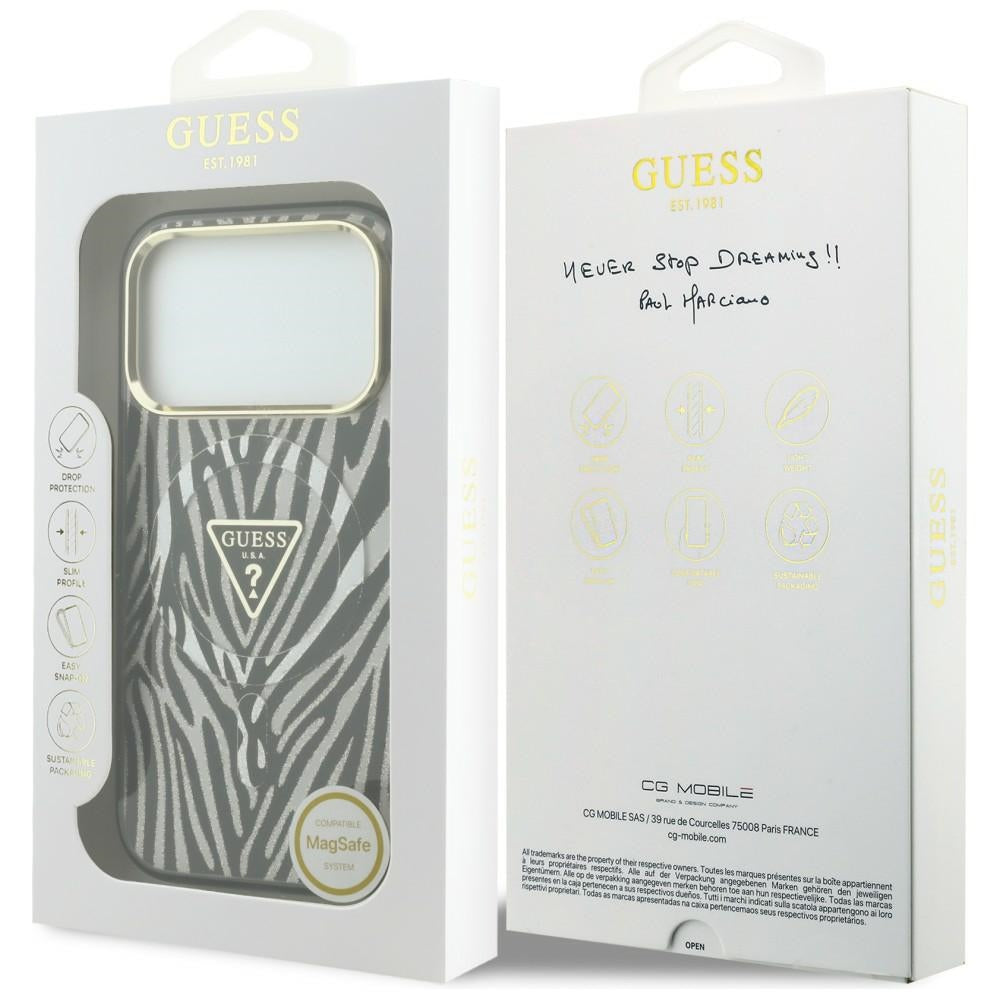 Coque MagSafe pour Apple iPhone 18 Pro / 17 Pro, Guess, Logo Triangle Paillettes Zèbre, Argentée