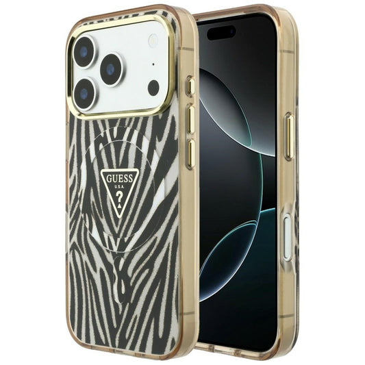 Coque MagSafe pour Apple iPhone 18 Pro / 17 Pro, Guess, Logo Triangle Paillettes Zèbre, Dorée