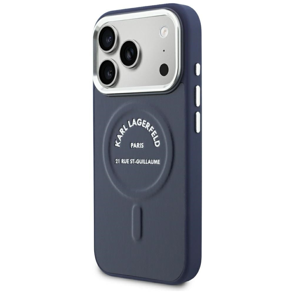 Custodia MagSafe per Apple iPhone 18 Pro / 17 Pro, Karl Lagerfeld, Embossed Open Ring RSG Logo, blu.