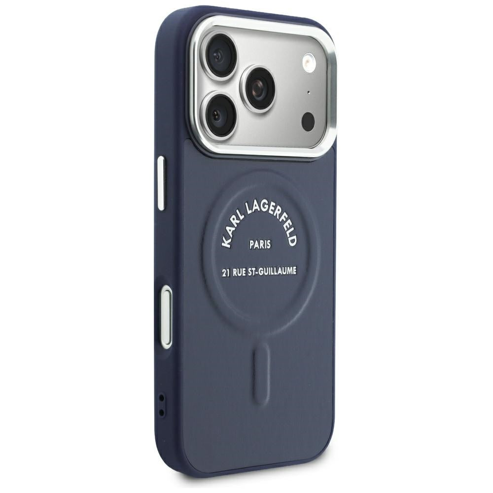 Custodia MagSafe per Apple iPhone 18 Pro / 17 Pro, Karl Lagerfeld, Embossed Open Ring RSG Logo, blu.