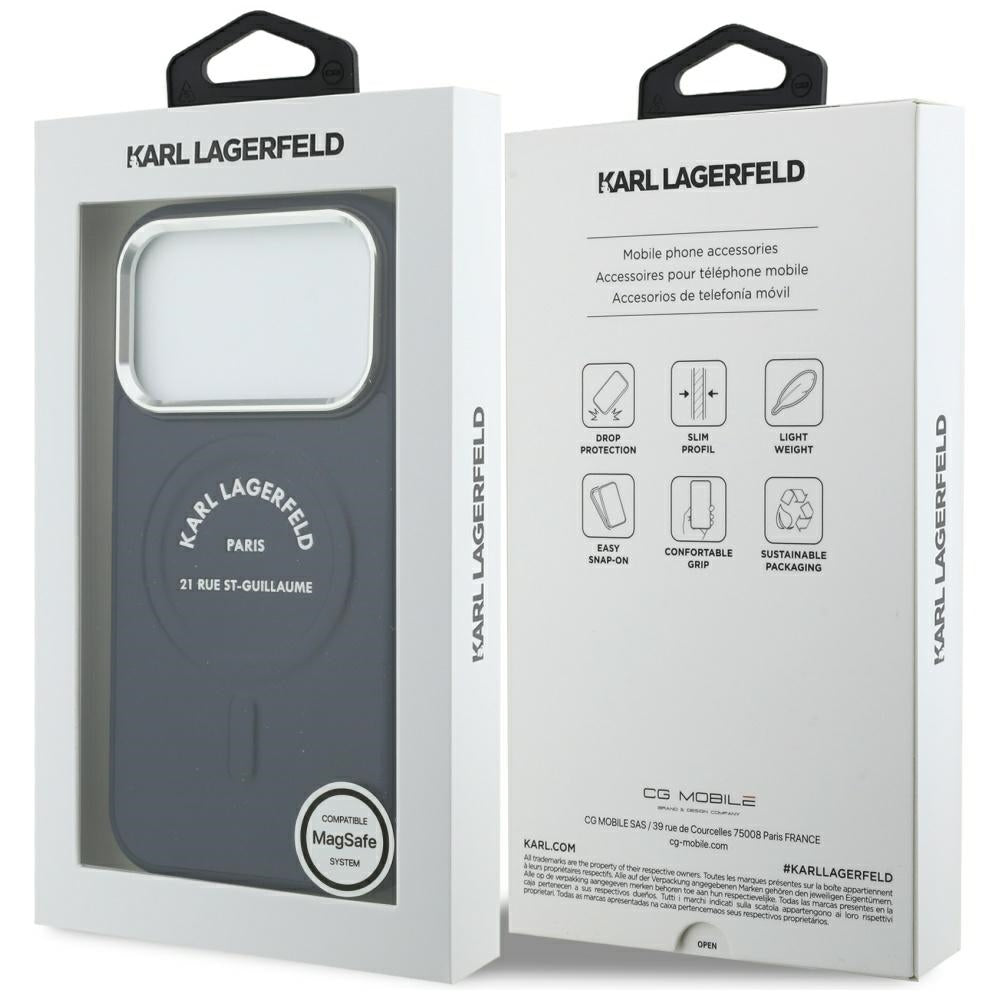 Custodia MagSafe per Apple iPhone 18 Pro / 17 Pro, Karl Lagerfeld, Embossed Open Ring RSG Logo, blu.