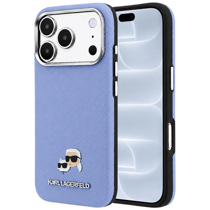 Coque MagSafe pour Apple iPhone 18 Pro / 17 Pro, Karl Lagerfeld, Grained Karl & Tête de Choupette en métal, Bleu