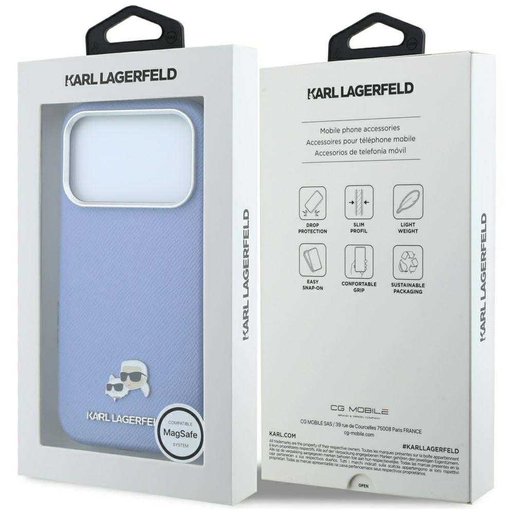 Coque MagSafe pour Apple iPhone 18 Pro / 17 Pro, Karl Lagerfeld, Grained Karl & Tête de Choupette en métal, Bleu