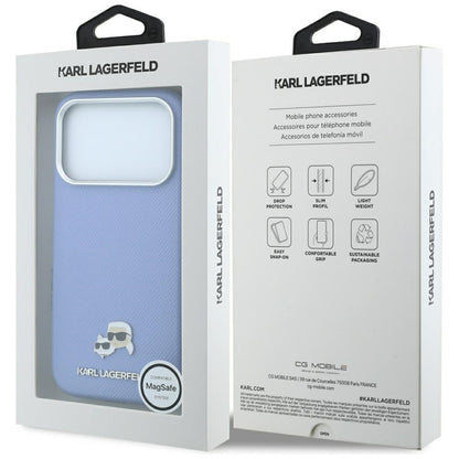 Coque MagSafe pour Apple iPhone 18 Pro / 17 Pro, Karl Lagerfeld, Grained Karl & Tête de Choupette en métal, Bleu