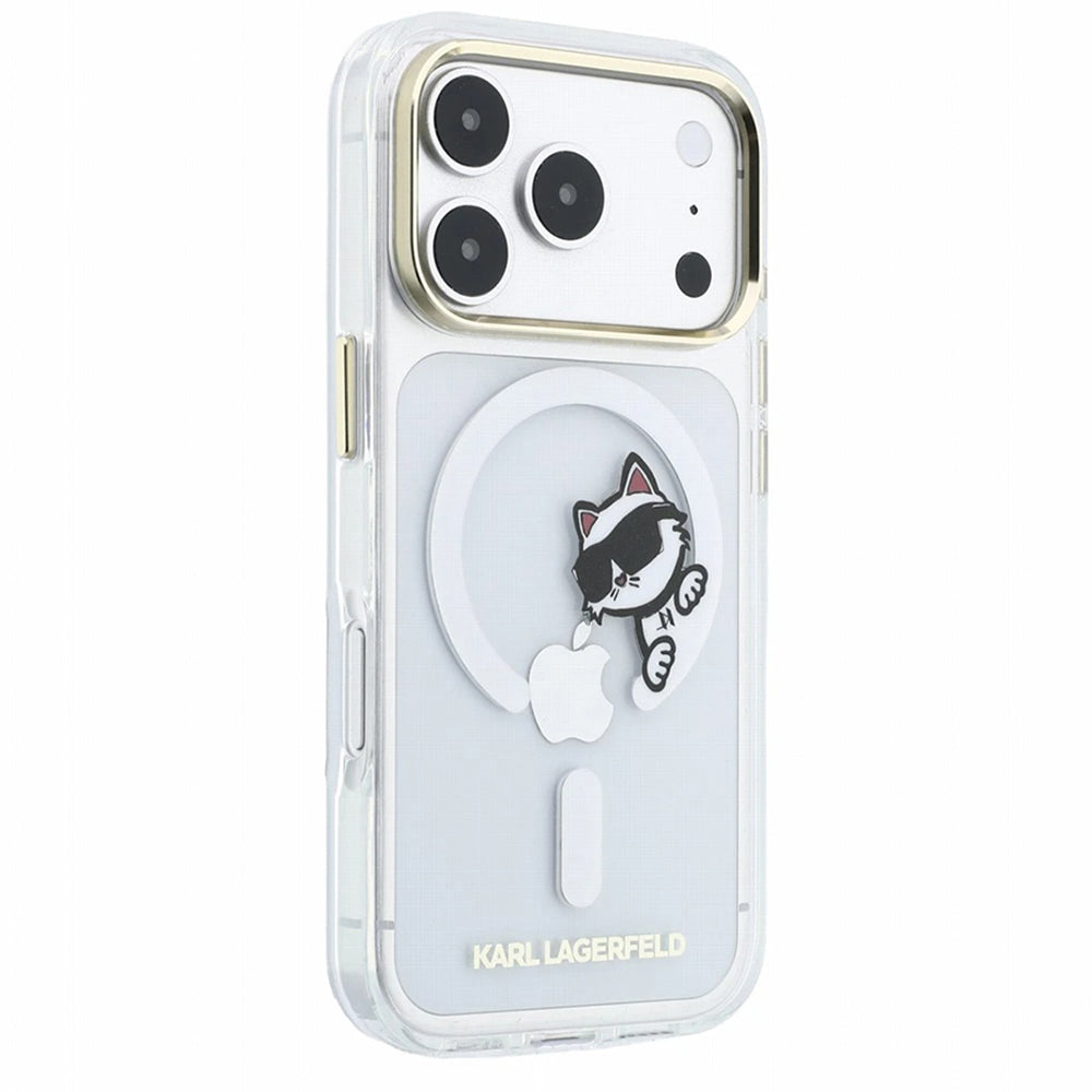 Custodia MagSafe per Apple iPhone 18 Pro / 17 Pro, Karl Lagerfeld, IML Peekaboo Print e Cornice Metallica, Trasparente