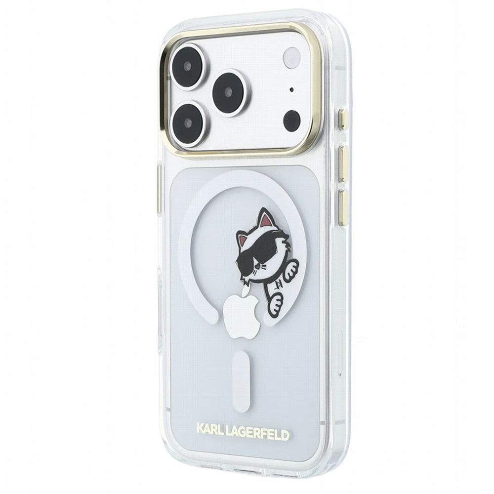 Custodia MagSafe per Apple iPhone 18 Pro / 17 Pro, Karl Lagerfeld, IML Peekaboo Print e Cornice Metallica, Trasparente