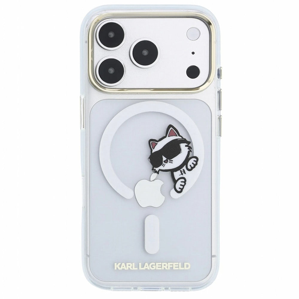 Custodia MagSafe per Apple iPhone 18 Pro / 17 Pro, Karl Lagerfeld, IML Peekaboo Print e Cornice Metallica, Trasparente