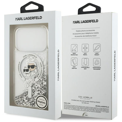 Custodia MagSafe per Apple iPhone 18 Pro / 17 Pro, Karl Lagerfeld, Liquid Glitter Karl & Choupette Head's, Trasparente