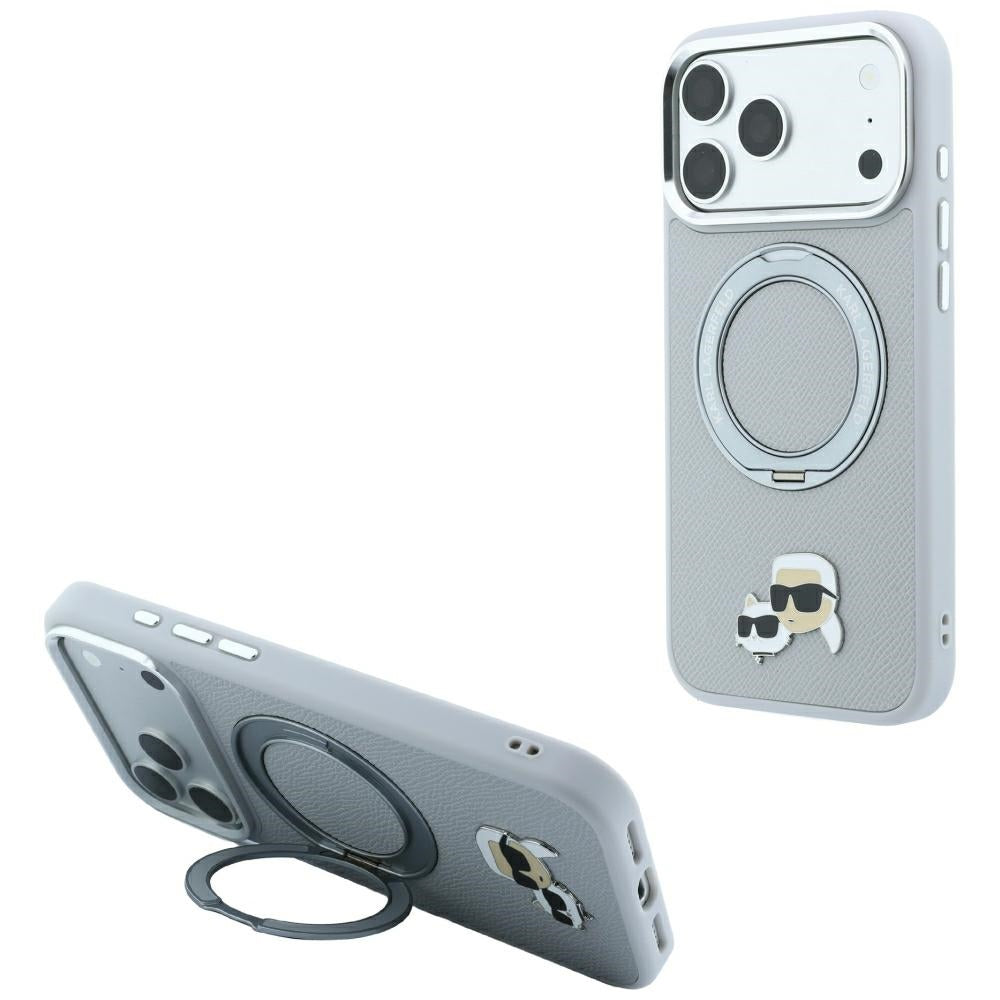 Custodia MagSafe per Apple iPhone 18 Pro / 17 Pro, Karl Lagerfeld, Ring Stand 360 Karl & Choupette Pin, Grigia