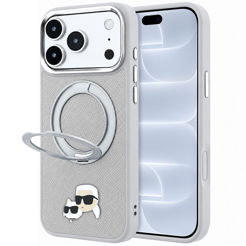 Custodia MagSafe per Apple iPhone 18 Pro / 17 Pro, Karl Lagerfeld, Ring Stand 360 Karl & Choupette Pin, Grigia