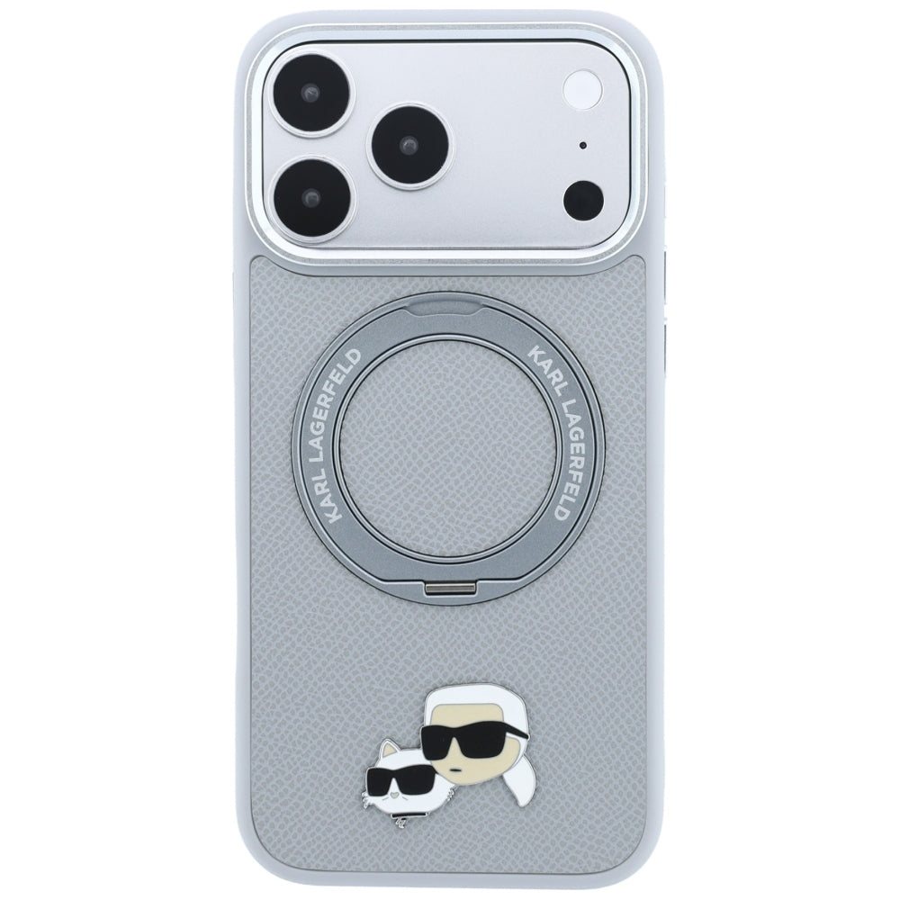 Custodia MagSafe per Apple iPhone 18 Pro / 17 Pro, Karl Lagerfeld, Ring Stand 360 Karl & Choupette Pin, Grigia