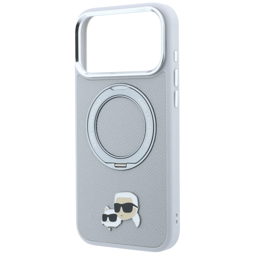 Custodia MagSafe per Apple iPhone 18 Pro / 17 Pro, Karl Lagerfeld, Ring Stand 360 Karl & Choupette Pin, Grigia
