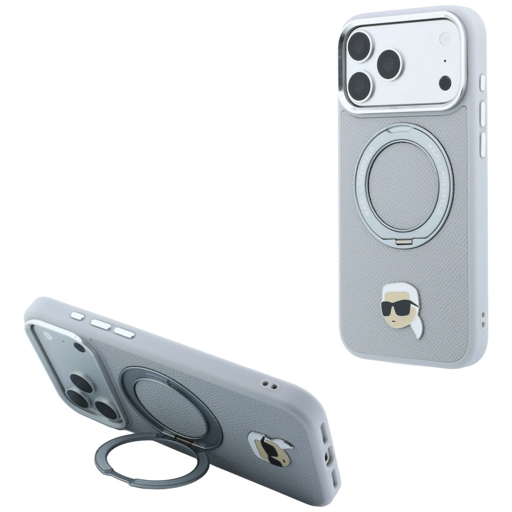 MagSafe-Hülle für Apple iPhone 18 Pro / 17 Pro, Karl Lagerfeld, Ring Stand 360 Karl Pin, Grau