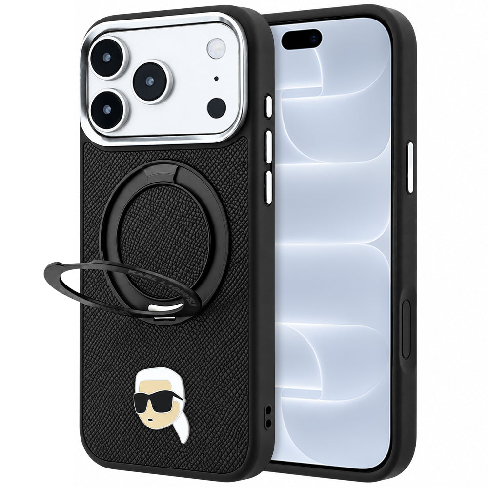 Coque MagSafe pour Apple iPhone 18 Pro / 17 Pro, Karl Lagerfeld, Ring Stand 360 Karl Pin, Noire