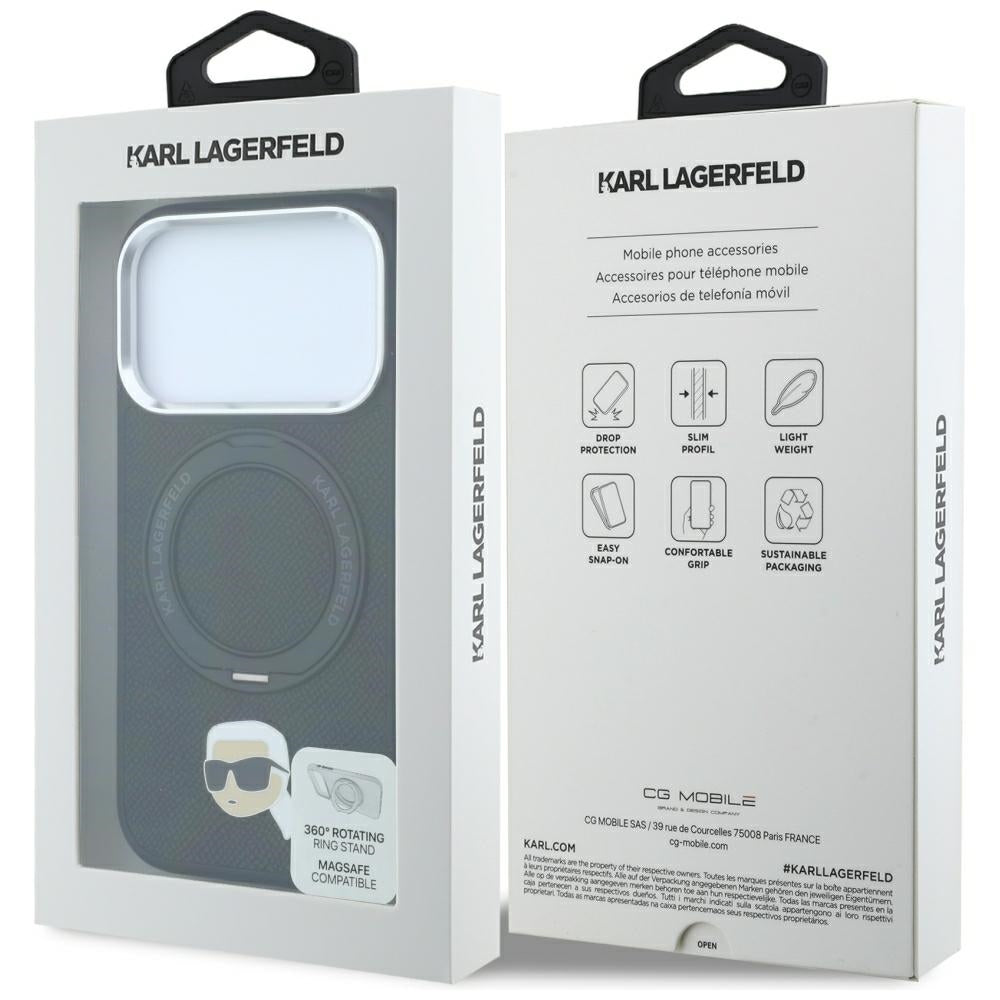 Coque MagSafe pour Apple iPhone 18 Pro / 17 Pro, Karl Lagerfeld, Ring Stand 360 Karl Pin, Noire