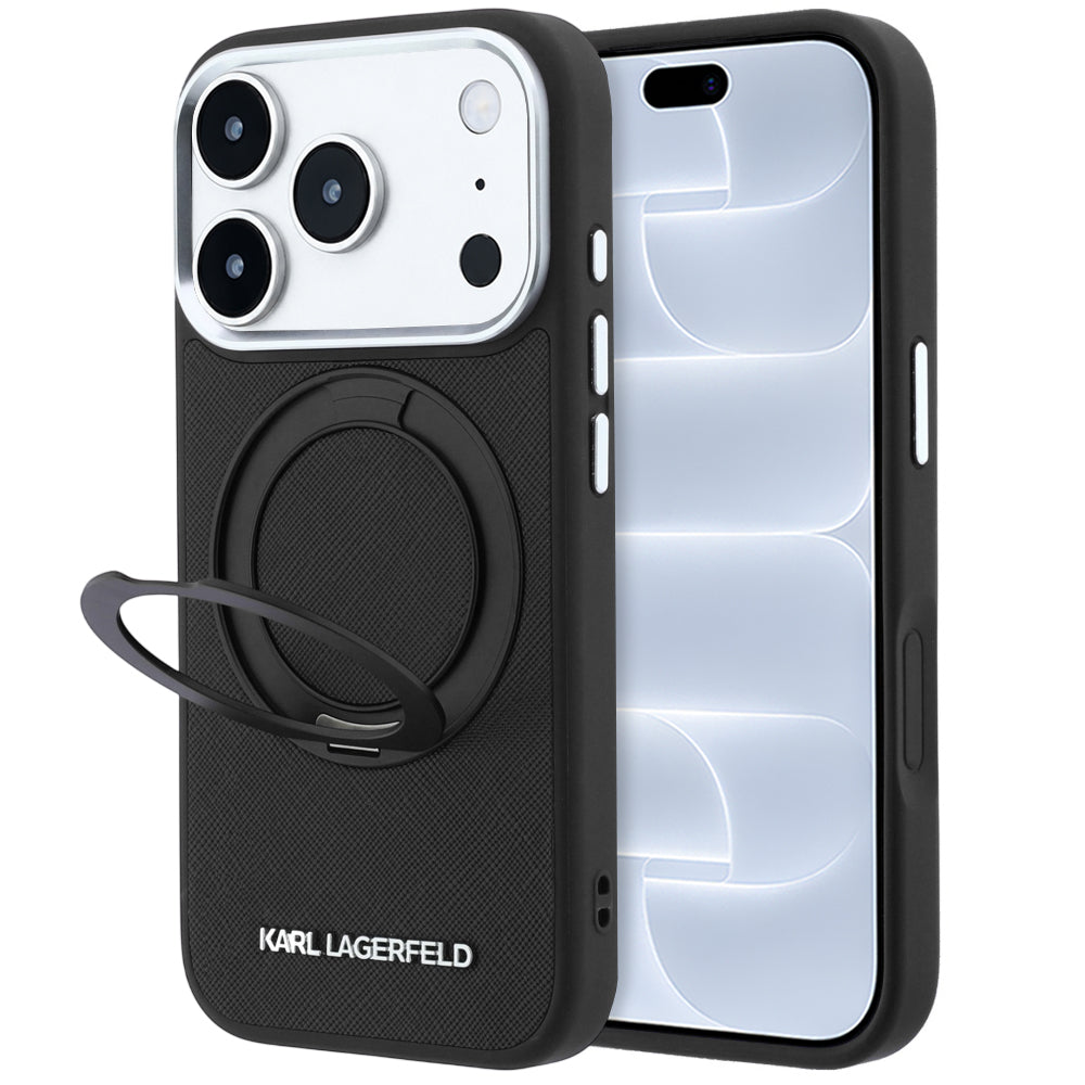 Custodia MagSafe per Apple iPhone 18 Pro / 17 Pro, Karl Lagerfeld, Ring Stand 360 Saffiano, Nera