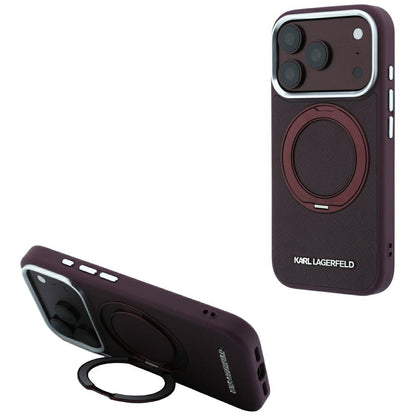 Coque MagSafe pour Apple iPhone 18 Pro / 17 Pro, Karl Lagerfeld, Ring Stand 360 Saffiano, couleur bordeaux