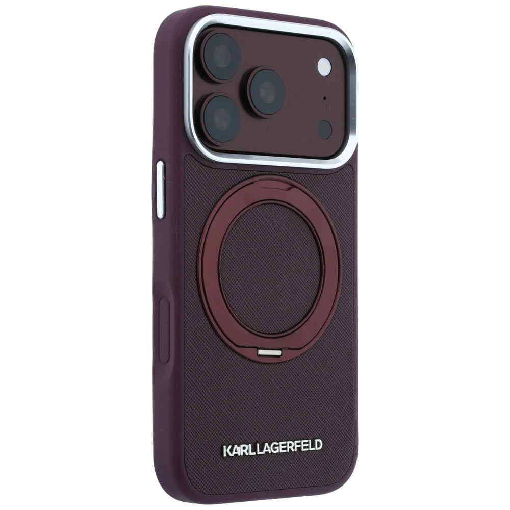 Coque MagSafe pour Apple iPhone 18 Pro / 17 Pro, Karl Lagerfeld, Ring Stand 360 Saffiano, couleur bordeaux