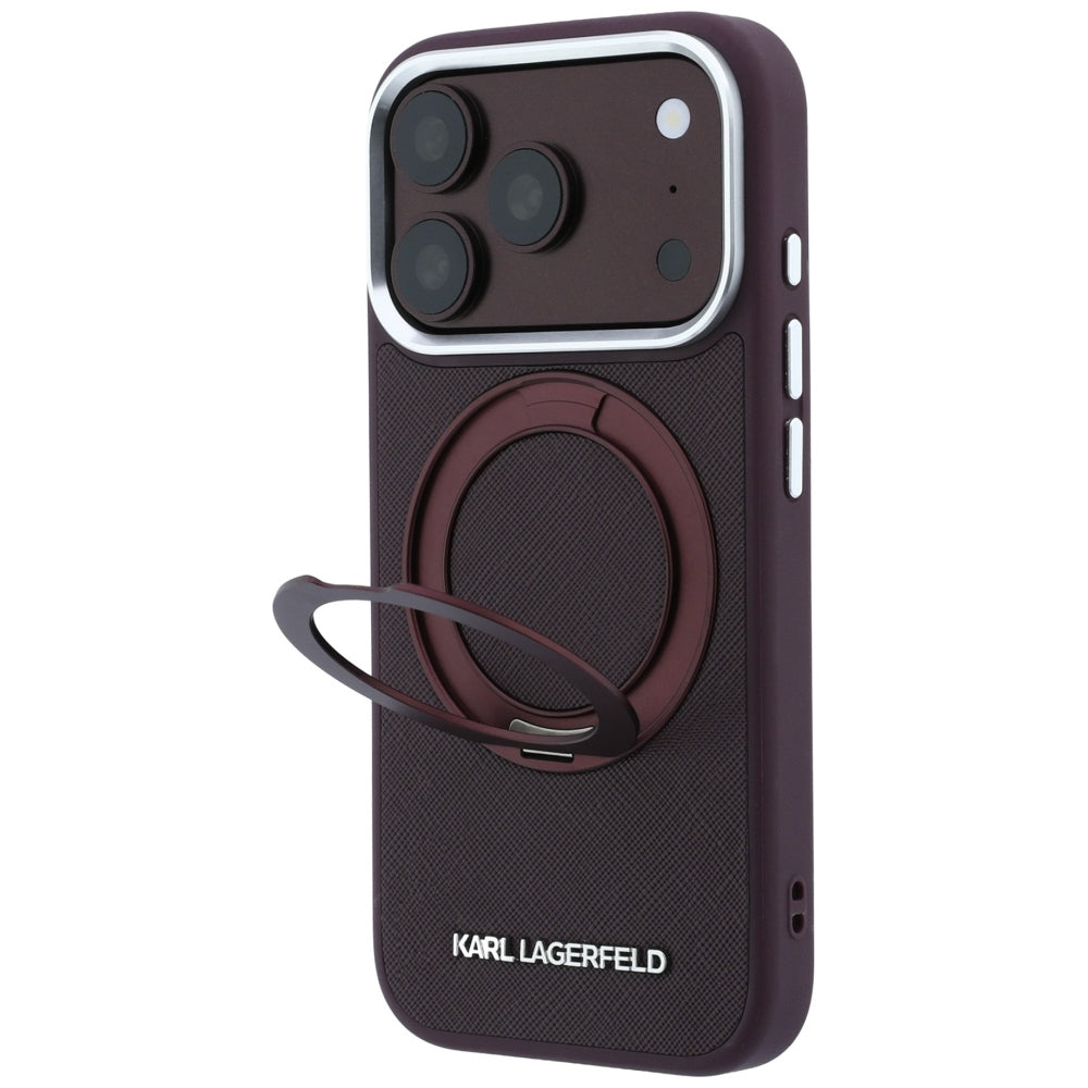 Coque MagSafe pour Apple iPhone 18 Pro / 17 Pro, Karl Lagerfeld, Ring Stand 360 Saffiano, couleur bordeaux