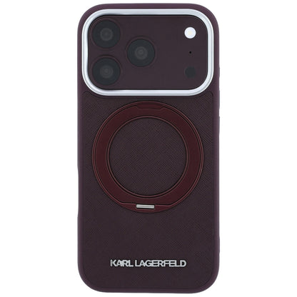 Coque MagSafe pour Apple iPhone 18 Pro / 17 Pro, Karl Lagerfeld, Ring Stand 360 Saffiano, couleur bordeaux