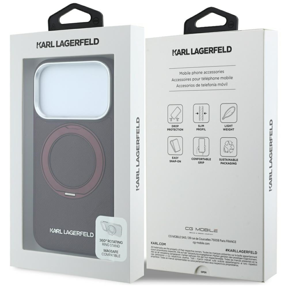 Coque MagSafe pour Apple iPhone 18 Pro / 17 Pro, Karl Lagerfeld, Ring Stand 360 Saffiano, couleur bordeaux