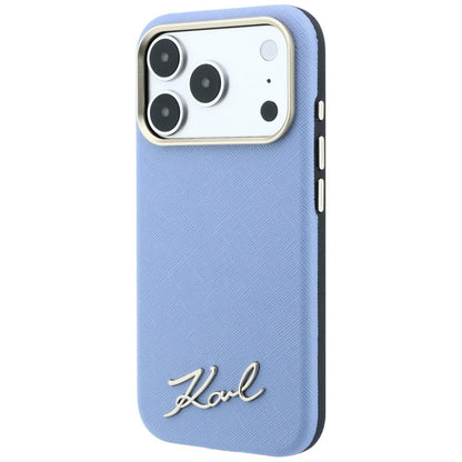 Custodia MagSafe per Apple iPhone 18 Pro / 17 Pro, Karl Lagerfeld, Saffiano Small Script Metal Logo, Blu