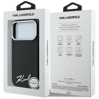 Custodia MagSafe per Apple iPhone 18 Pro / 17 Pro, Karl Lagerfeld, Saffiano Small Script Metal Logo, Nera