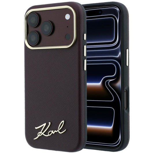 Custodia MagSafe per Apple iPhone 18 Pro / 17 Pro, Karl Lagerfeld, Saffiano Small Script Metal Logo, Vinaccia
