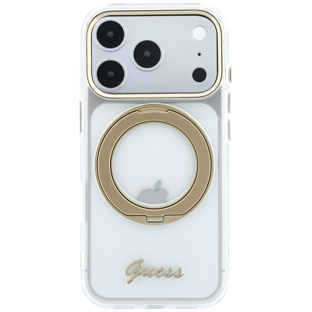 Coque MagSafe pour Apple iPhone 18 Pro, Guess, Support Anneau Logo Métal Script, Transparente