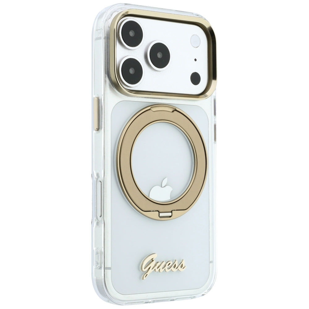 Coque MagSafe pour Apple iPhone 18 Pro, Guess, Support Anneau Logo Métal Script, Transparente