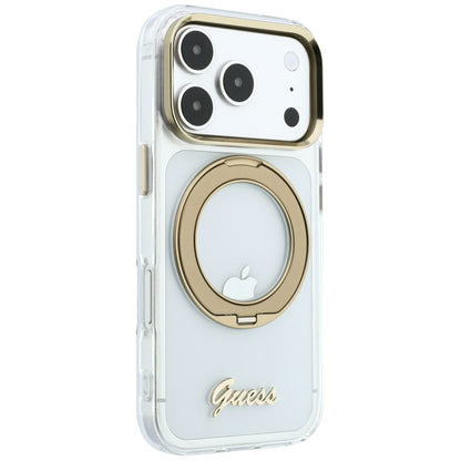 Coque MagSafe pour Apple iPhone 18 Pro, Guess, Support Anneau Logo Métal Script, Transparente