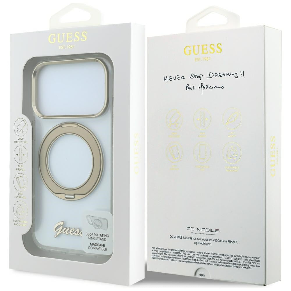 Coque MagSafe pour Apple iPhone 18 Pro, Guess, Support Anneau Logo Métal Script, Transparente